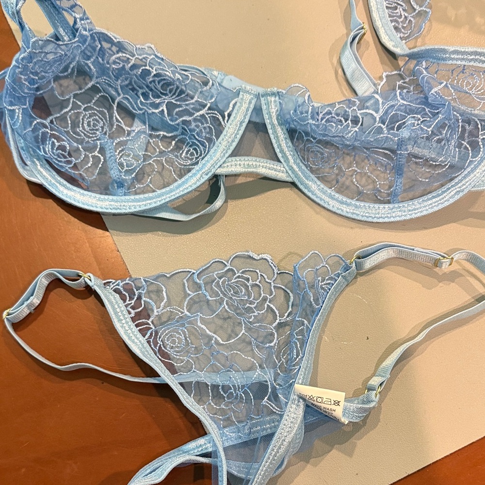 Light Blue Floral Lace Demi Bra & Thong Lingerie Set